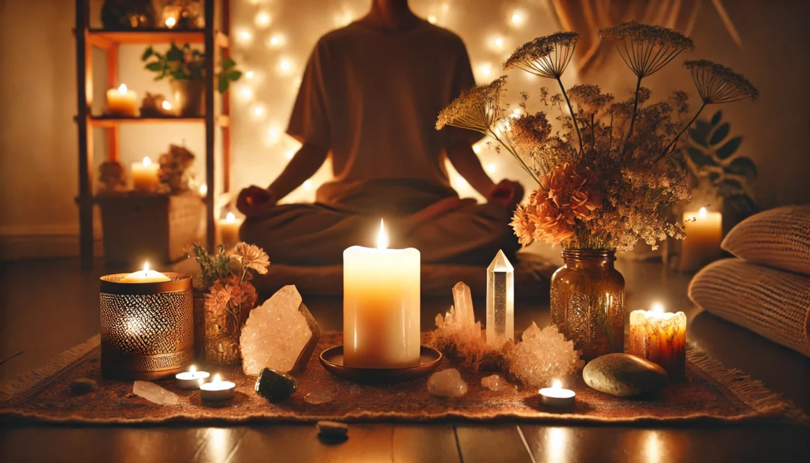 A serene candlelit meditation space with a person sitting cross-legged in front of an altar adorned with crystals, flowers, and a glowing candle, evoking tranquility and spiritual energy.