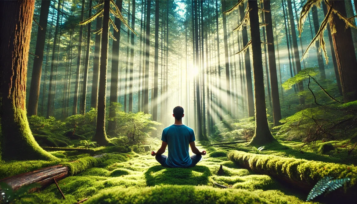 A person sitting cross-legged in meditation on a mossy forest floor, surrounded by tall trees with sunlight streaming through the canopy, creating a serene and peaceful atmosphere.