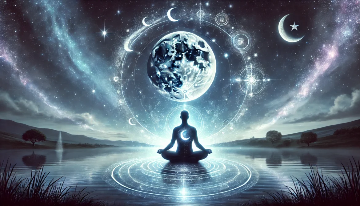 A meditative figure under a crescent moon and glowing constellations, surrounded by flowing lunar energies, symbolizing emotional awareness and intuition.