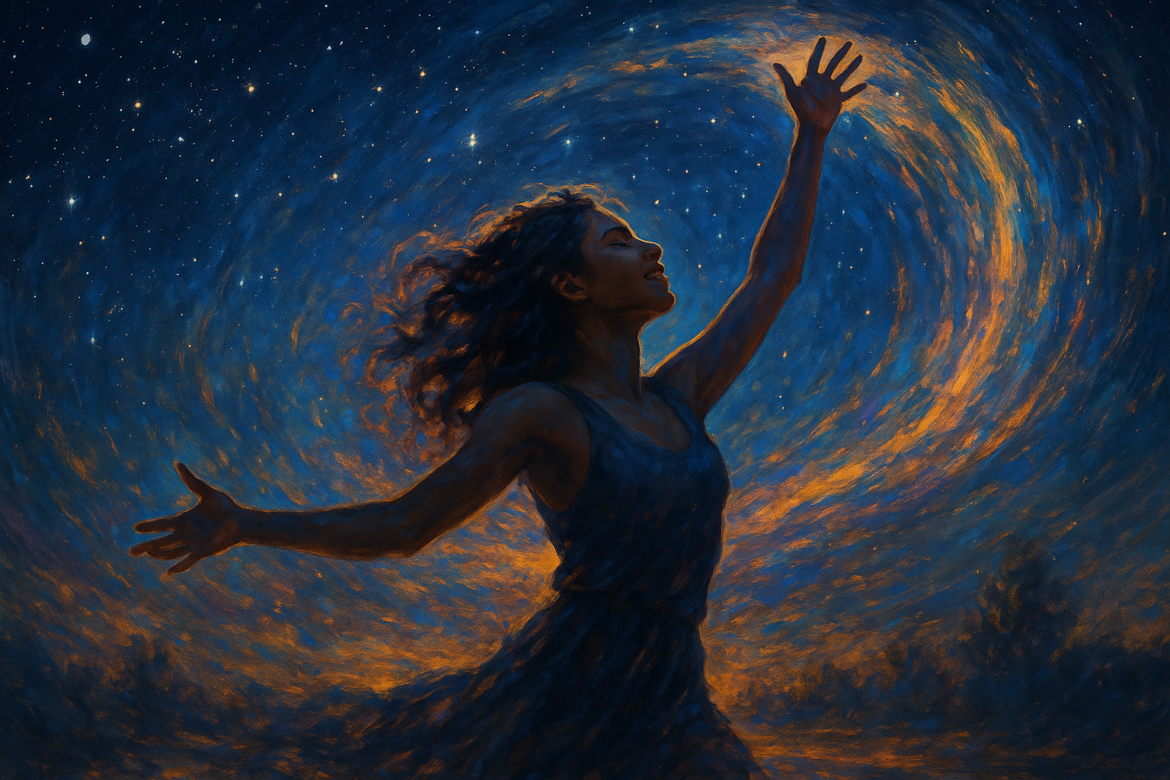 A joyful figure dances under a starry sky, surrounded by swirling cosmic light, symbolizing creativity, freedom, and sacred expression.