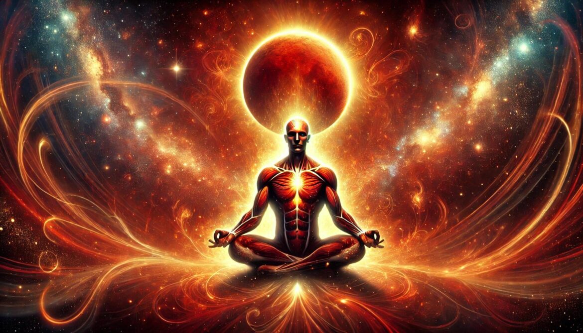 A meditative figure surrounded by fiery energy, symbolizing the power of Mars, strength, and action in Vedic Astrology and Tantra.