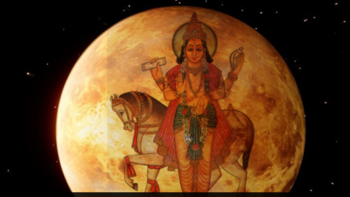 A serene figure adorned with rose petals and glowing light from the heart, under a starry sky with Venus shining brightly, symbolizing love and sacred devotion.