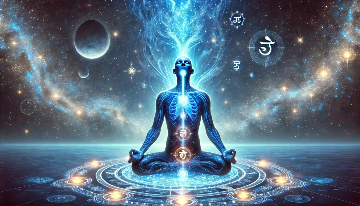 A glowing blue aura surrounds a meditative figure as light flows from their throat, symbolizing Mercury, communication, and chakra healing.