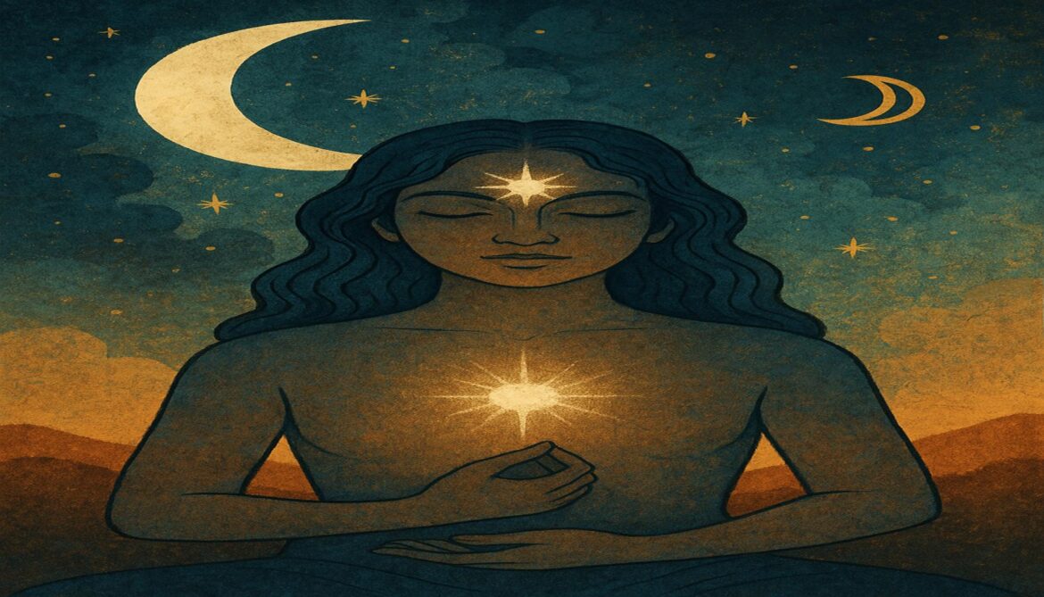 A serene meditative figure beneath a glowing moon, with soft light radiating from the third eye and heart, symbolizing intuition, inner wisdom, and Vedic insight.