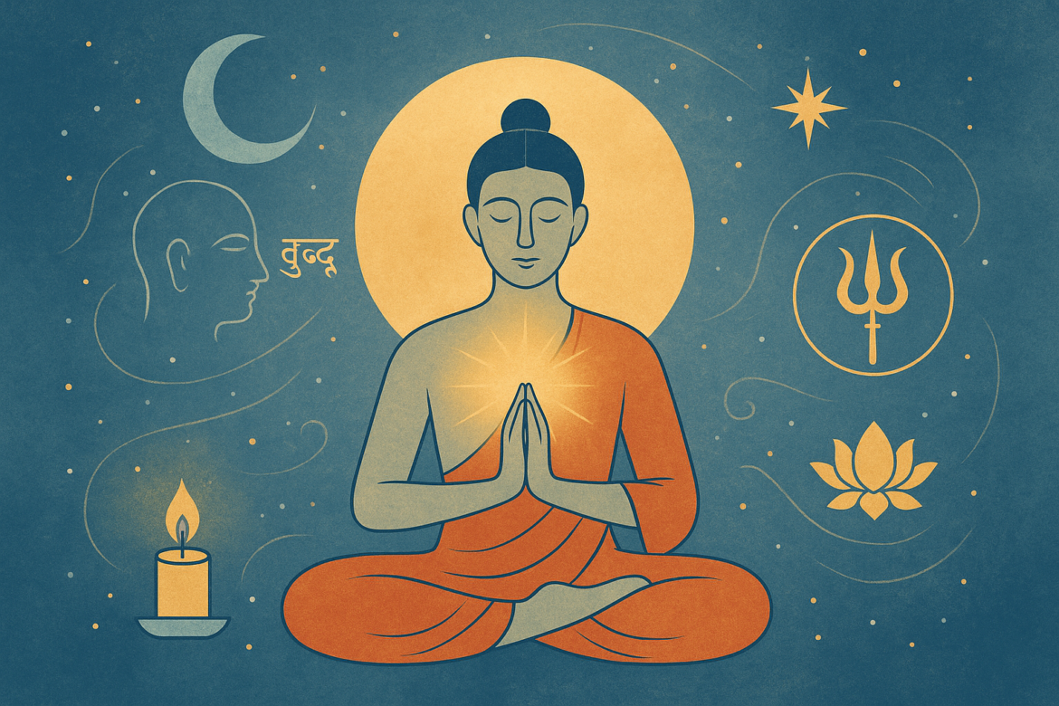 A digital illustration of a serene figure meditating beneath the moon, symbolizing inner clarity and spiritual discernment in Vedic Tantra.