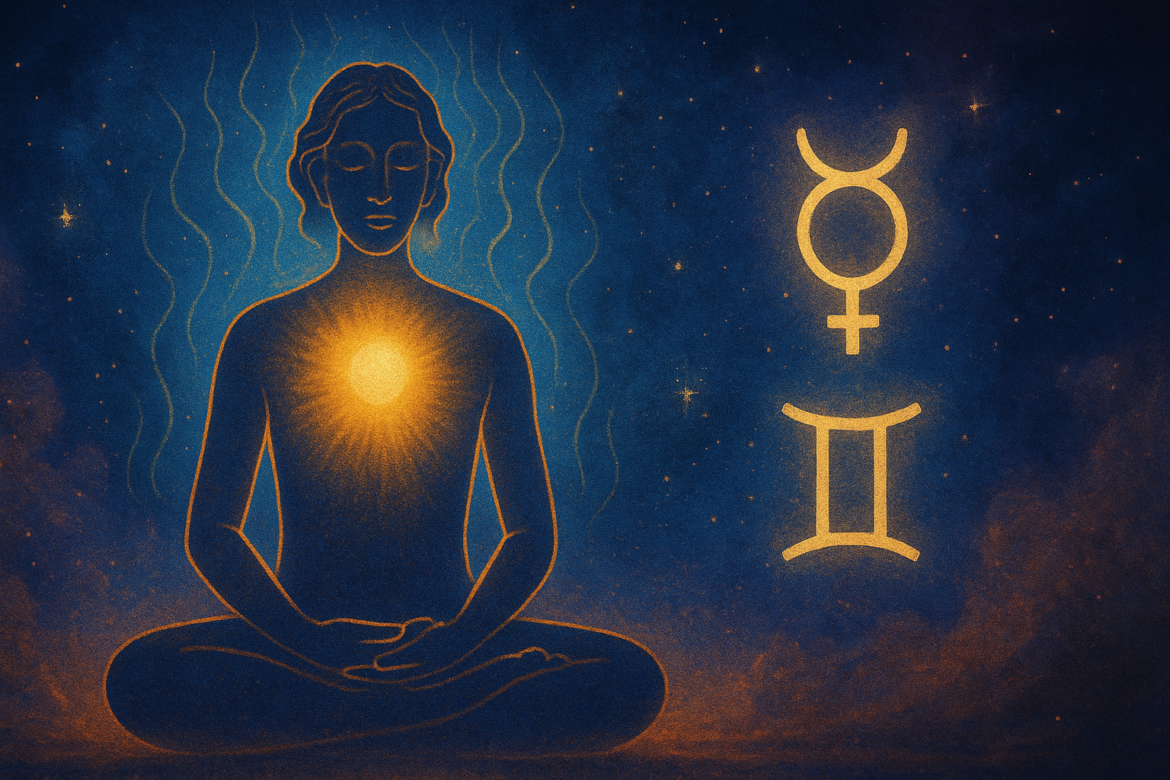 A glowing figure sits in meditation with light emanating from their throat chakra, surrounded by celestial glyphs of Mercury and Gemini.