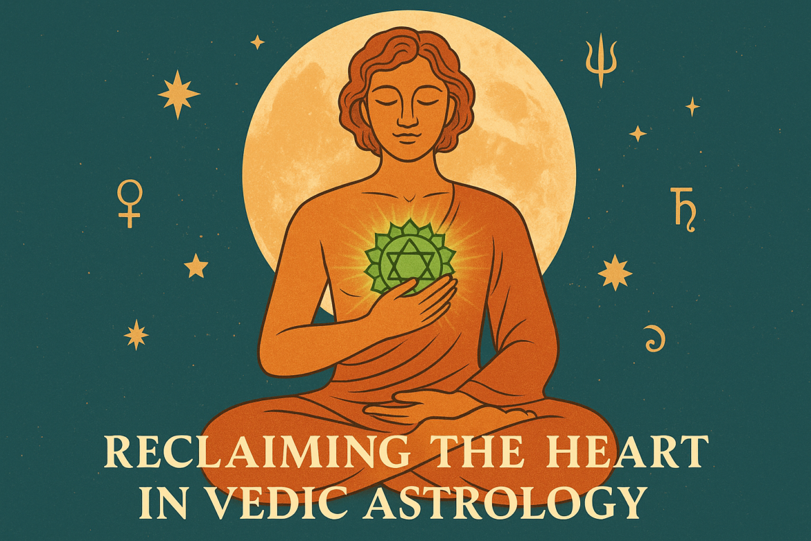 Meditative figure opening the heart chakra under a radiant moon, representing Vedic Astrology and Tantra