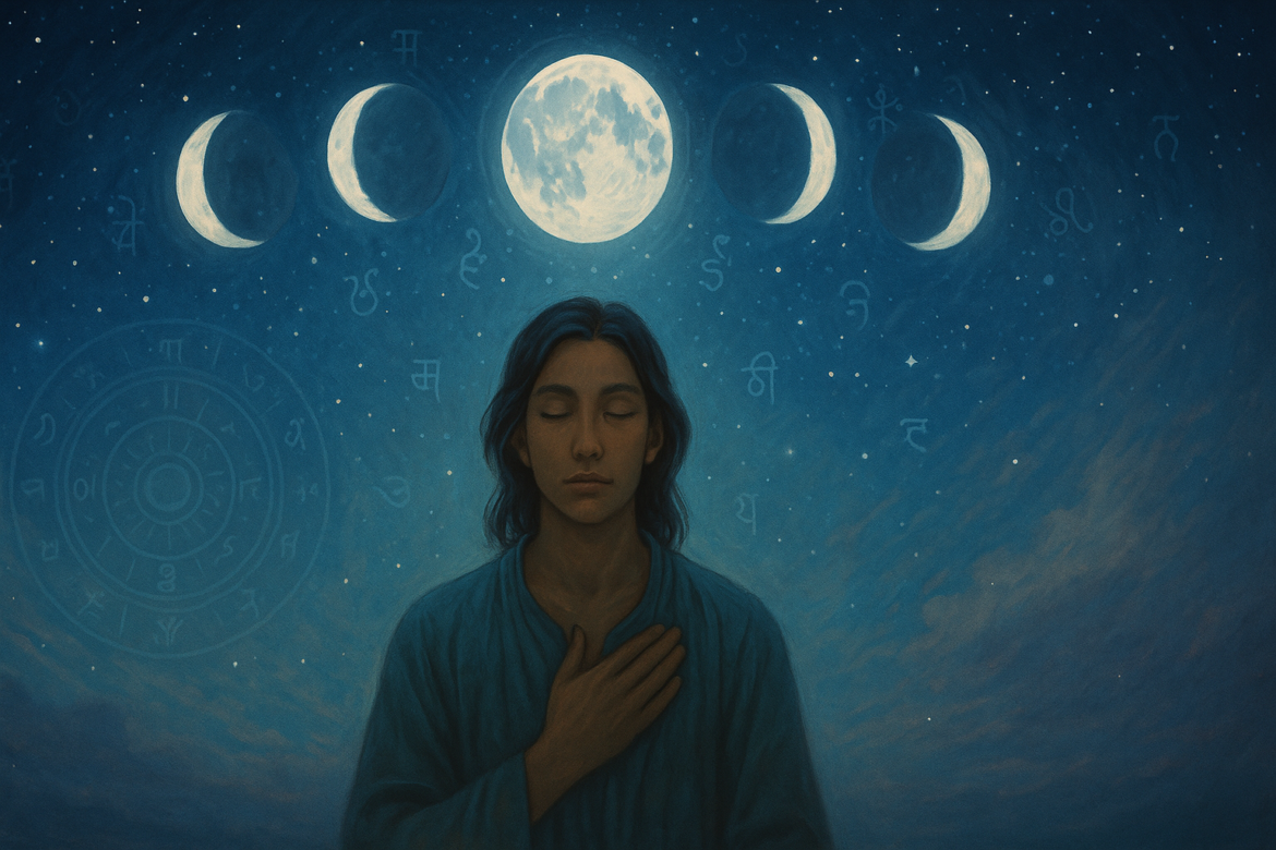 A serene digital painting showing the moon’s phases above a meditative figure, symbolizing emotional cycles and Tantra.