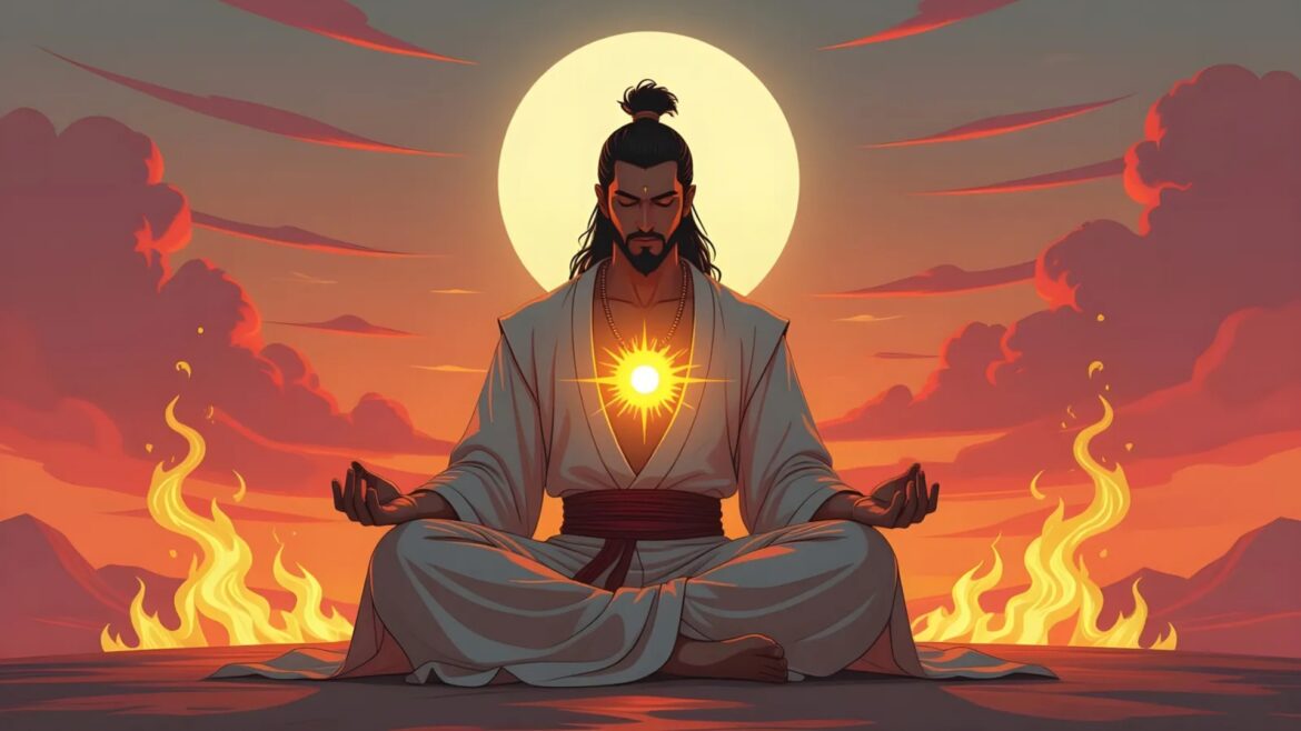 Glowing solar plexus chakra radiating light in meditation.